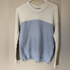 Madewell Cream and Light Blue Crew Neck Robber Sweater with Buttons Down Back